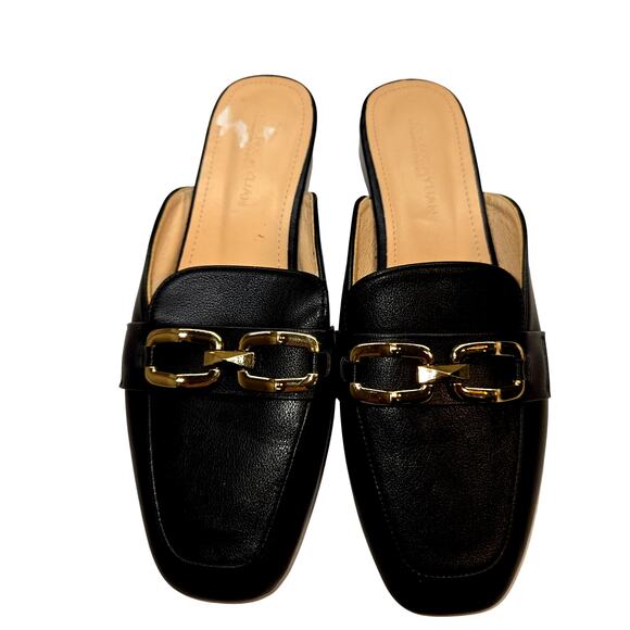 Shoes 8 Closed Toe Black Slip-ons small Heel Gold Trim Buckle - Picture 3 of 8